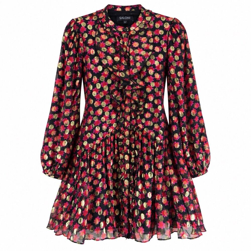 SALONI Women’s US 4 Black Pink Gold Floral Metallic Ruffle Silk Blend Dress